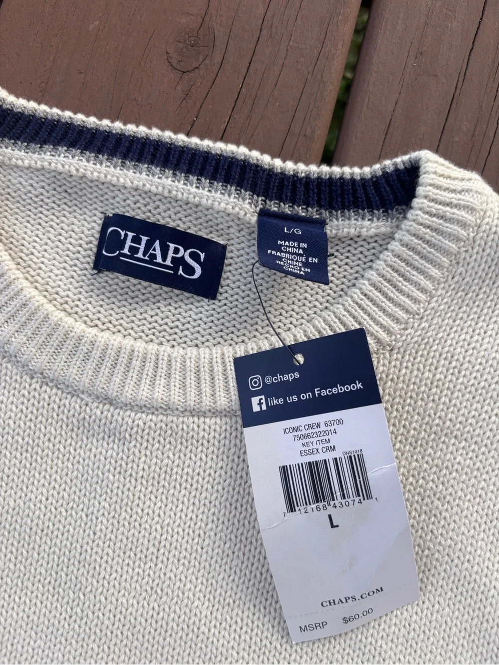 Chaps Iconic Crew Mens L Cream Sweater NWT MSRP $60